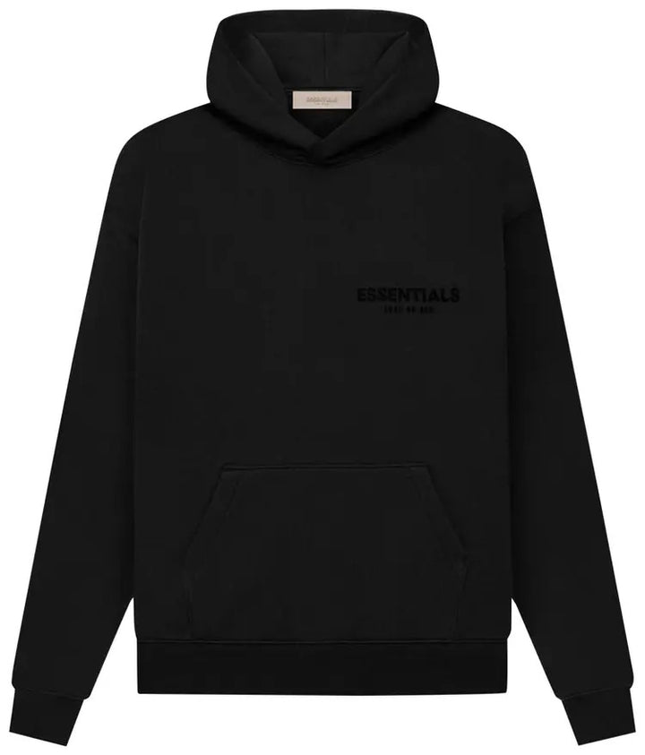 Fear of God Essentials hoodie in black with front pocket and logo design.