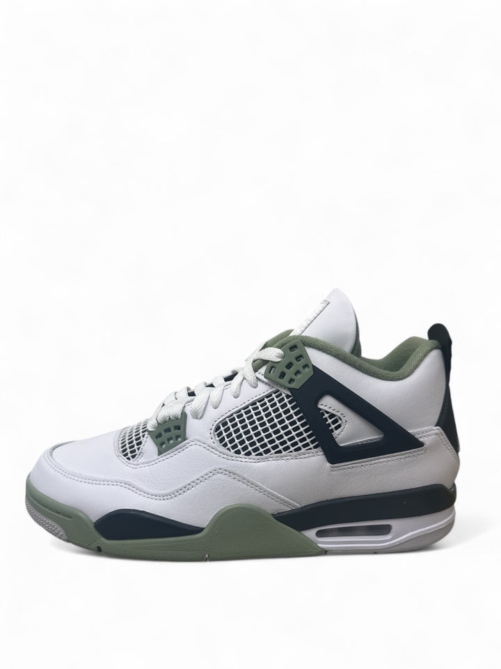Jordan 4 Retro Seafoam sneakers in white and seafoam green design with black accents.