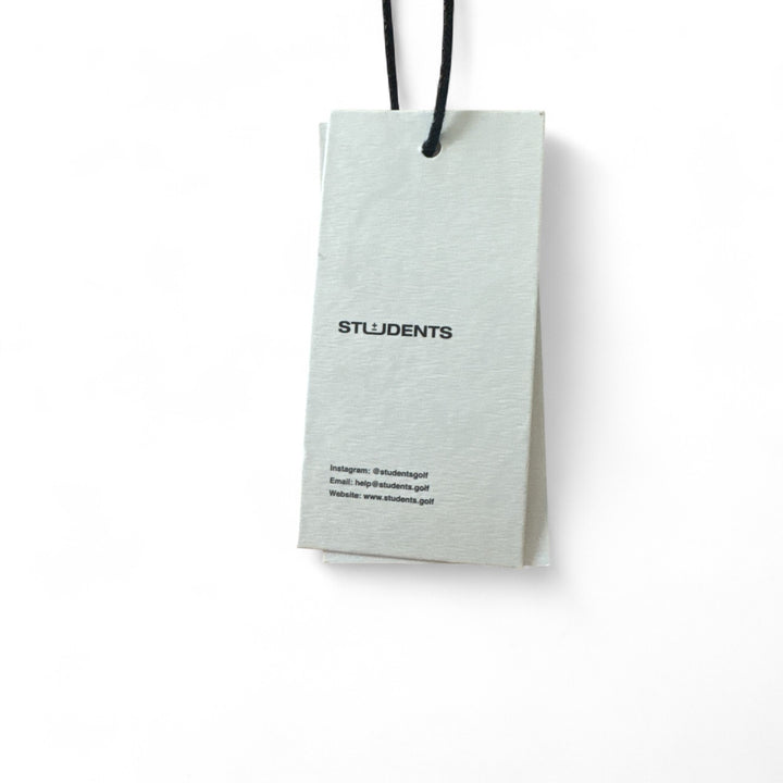 Student Golf Discussions Tshirt -Monarch hang tag with brand logo and social media details.