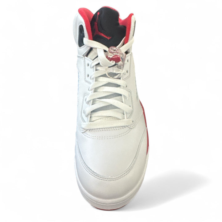 Air Jordan 5 Retro 'Fire Red' 2025 with white leather upper and Fire Red accents, showcasing signature style and comfort.