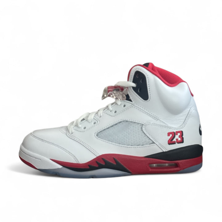 Air Jordan 5 Retro 'Fire Red' 2025 side view featuring white leather upper, Fire Red accents, and breathable mesh panels.