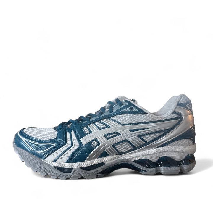 ASICS Gel-Kayano 14 shoes in Glacier Grey and Pure Silver, showcasing sleek design and athletic performance.