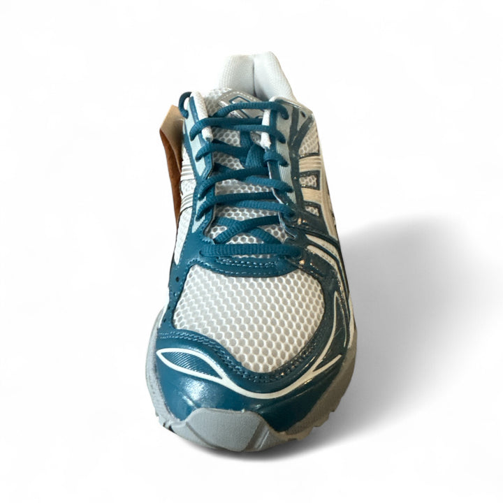 ASICS Gel-Kayano 14 shoes in Glacier Grey and Pure Silver color, top view showcasing design and lacing.