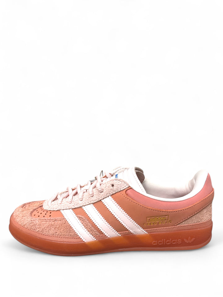 adidas Gazelle Bad Bunny sneakers side view featuring pink and brown color scheme.