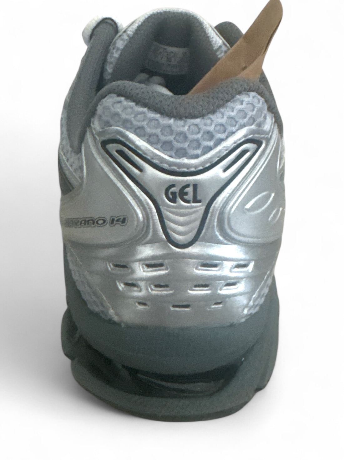 ASICS Gel-Kayano 14 running shoes rear view showcasing gel cushioning and sleek design.