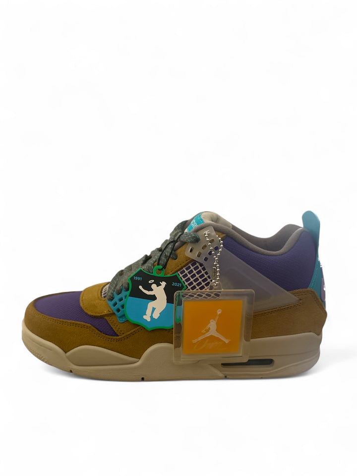 Jordan 4 Retro SP Desert Moss sneaker featuring a bold color design with purple and turquoise accents.