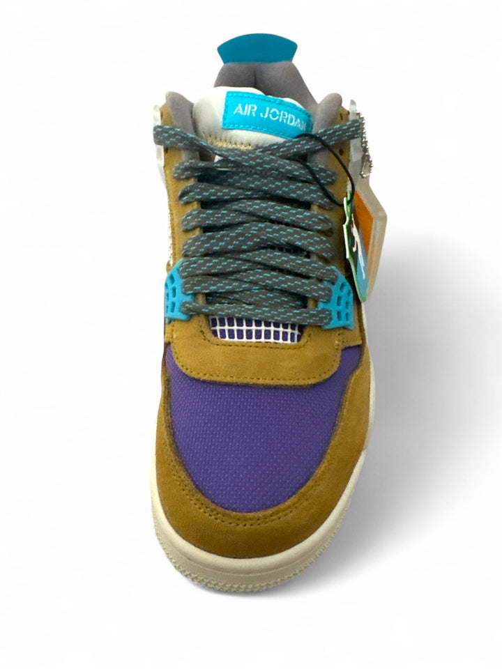 Jordan 4 Retro SP Desert Moss sneaker featuring purple suede, turquoise accents, and Desert Moss tones.