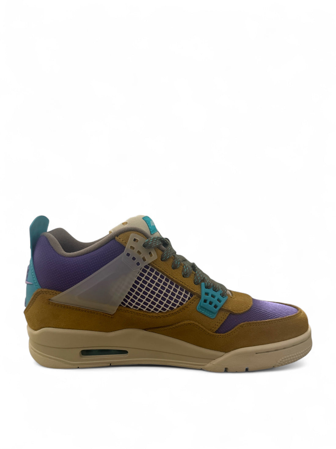 Jordan 4 Retro SP Desert Moss sneaker featuring bold color blocking with purple suede and turquoise accents.