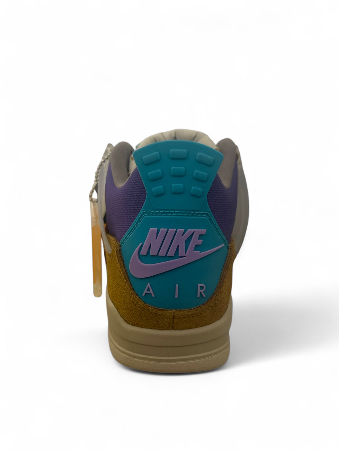 Back view of Jordan 4 Retro SP Desert Moss featuring purple suede and turquoise accents.