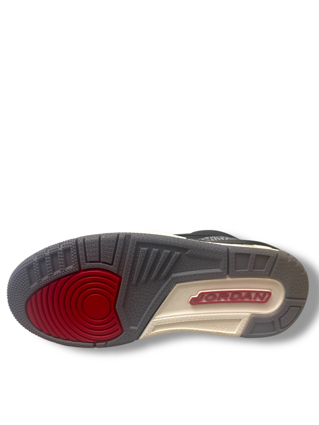 Jordan 3 Retro Black Cement Gold sneaker outsole view featuring rubber traction and iconic branding.
