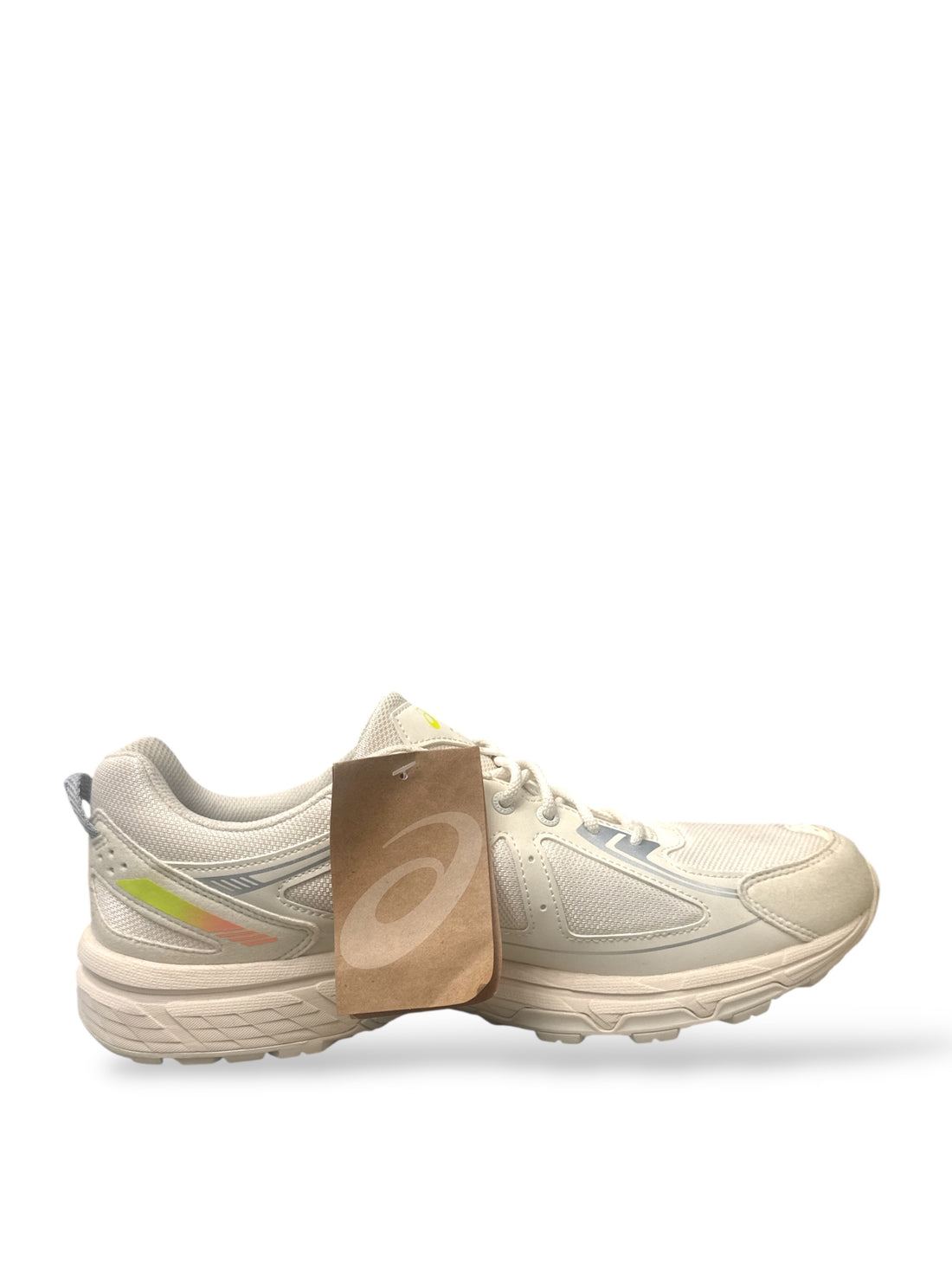 ASICS Gel-Venture 6 trail running shoes shown from the side with tag attached, showcasing design and features.