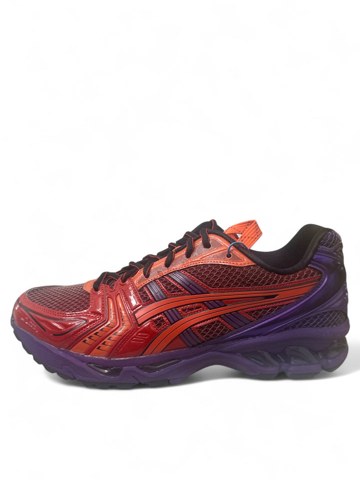 ASICS Gel-Kayano 14 Classic Red running shoes in side view, featuring red and purple color scheme.