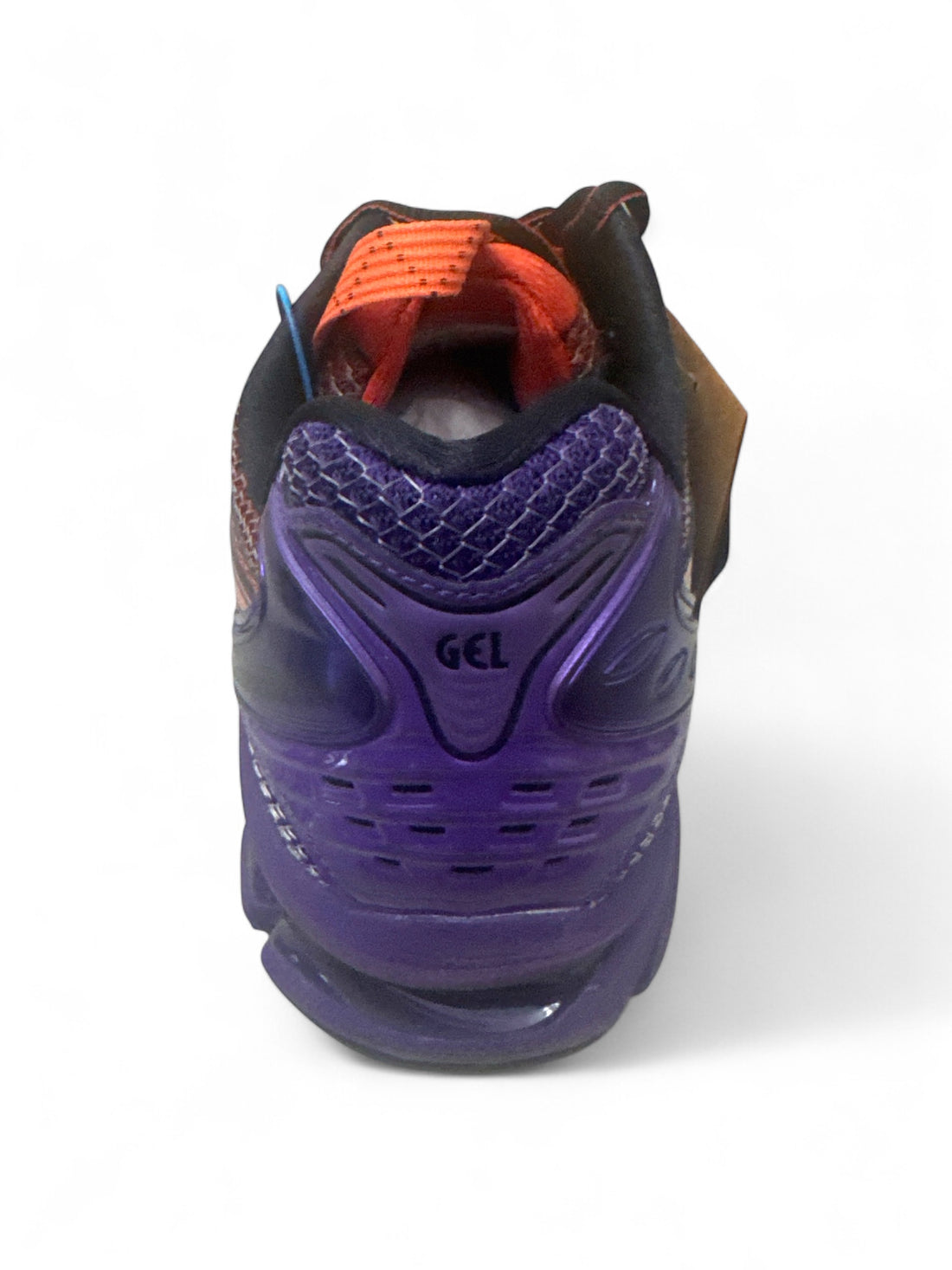 Back view of ASICS Gel-Kayano 14 Classic Red running shoes showcasing GEL technology.