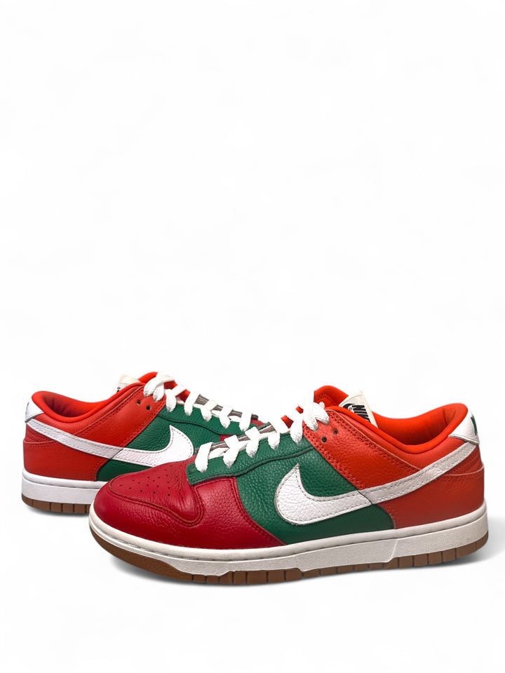 Nike Dunk Low 7-Eleven custom sneakers featuring vibrant red, green, and orange colors, perfect for sneaker enthusiasts.
