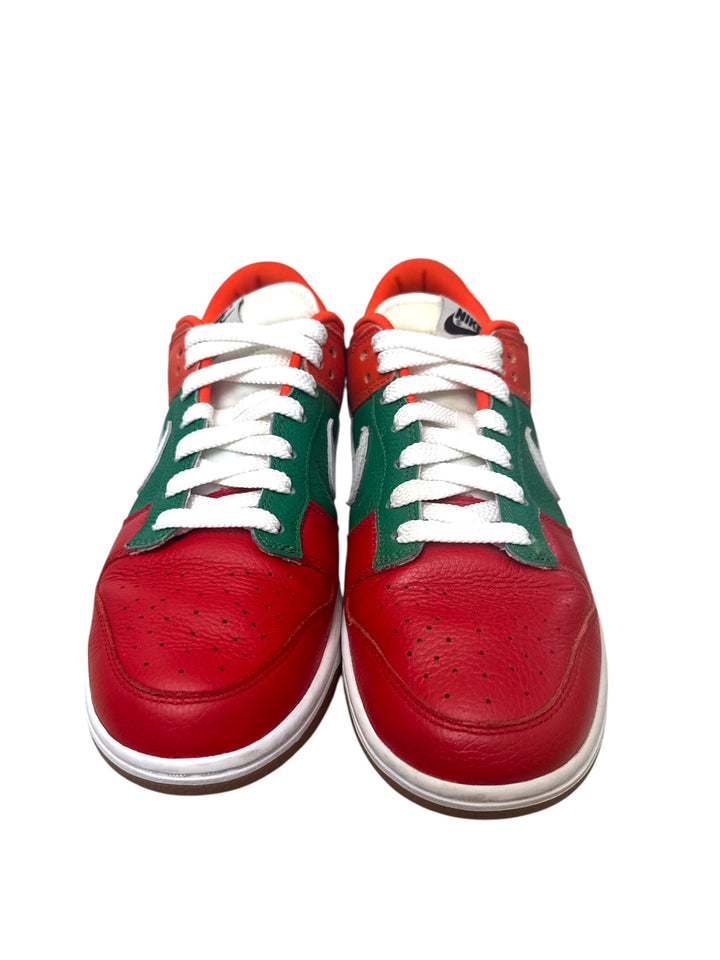 Nike Dunk Low 7-Eleven custom sneakers in red, green, and white colorway.