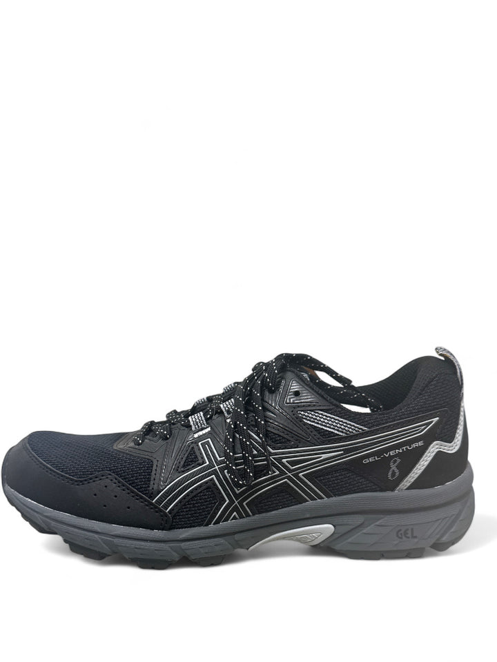 ASICS Gel-Venture 8 running shoes side view showcasing black design and durable sole.