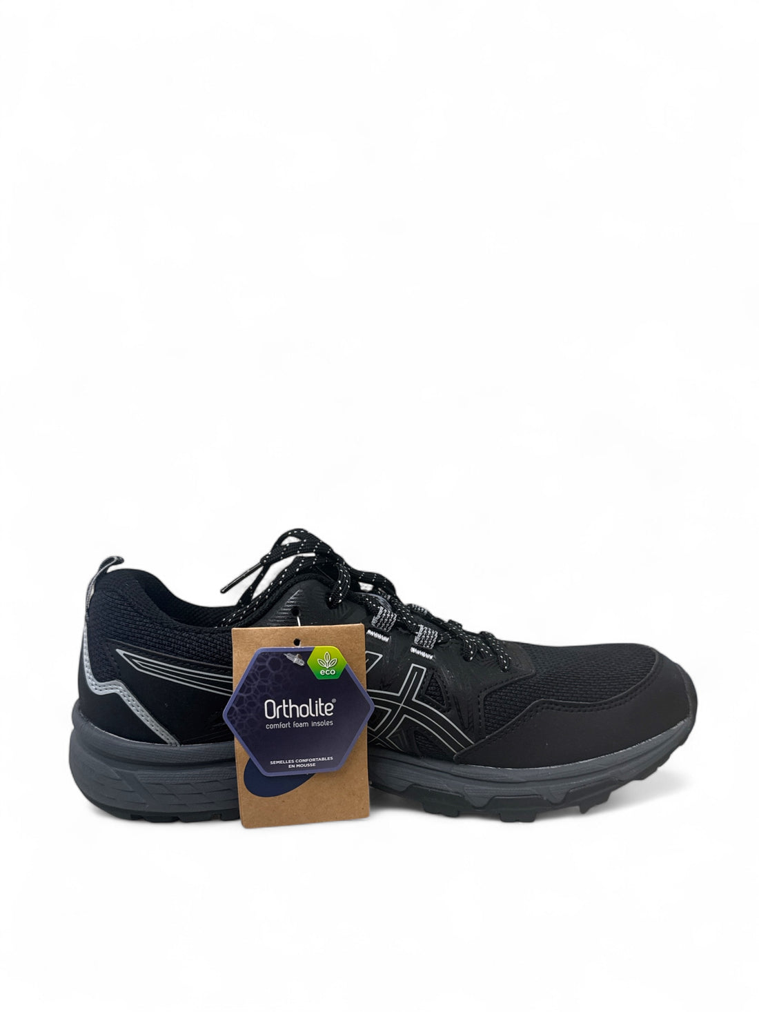 ASICS Gel-Venture 8 running shoes in black with Ortholite tag displayed on side.