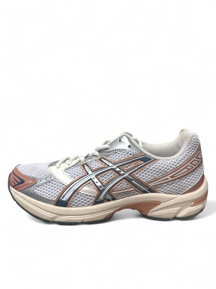 ASICS Gel-1130 White Pure Silver Bronze Mark on toe side view of athletic shoe.