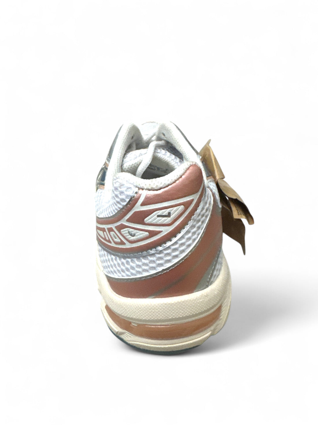ASICS Gel-1130 White Pure Silver Bronze Mark on toe, back view of stylish running shoe.