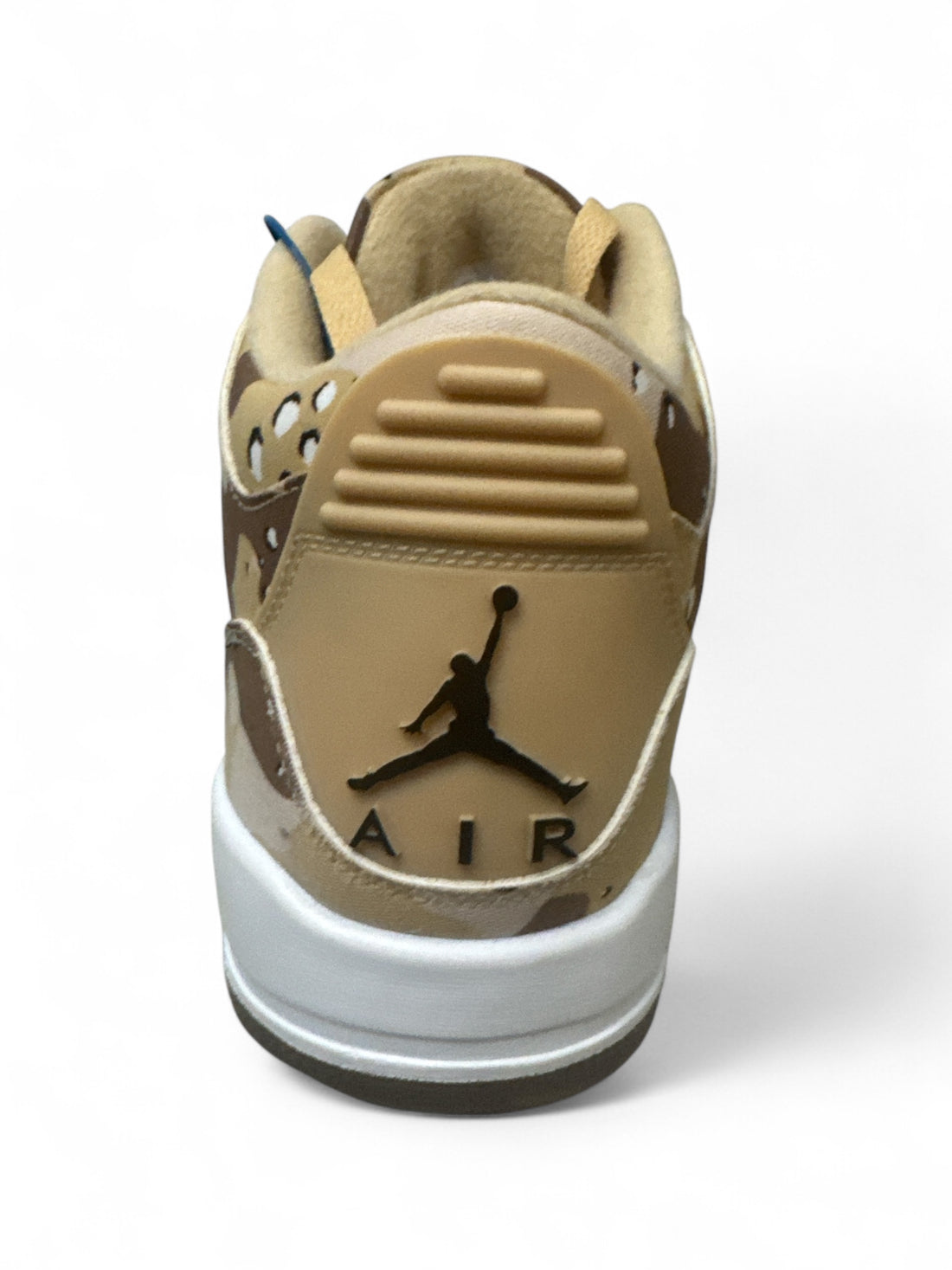 Back view of Jordan 3 Retro WNBA Desert Camo shoes featuring iconic logo.