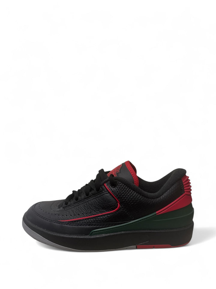 Jordan 2 Retro Low Christmas sneakers side view showcasing festive colors and sleek silhouette.