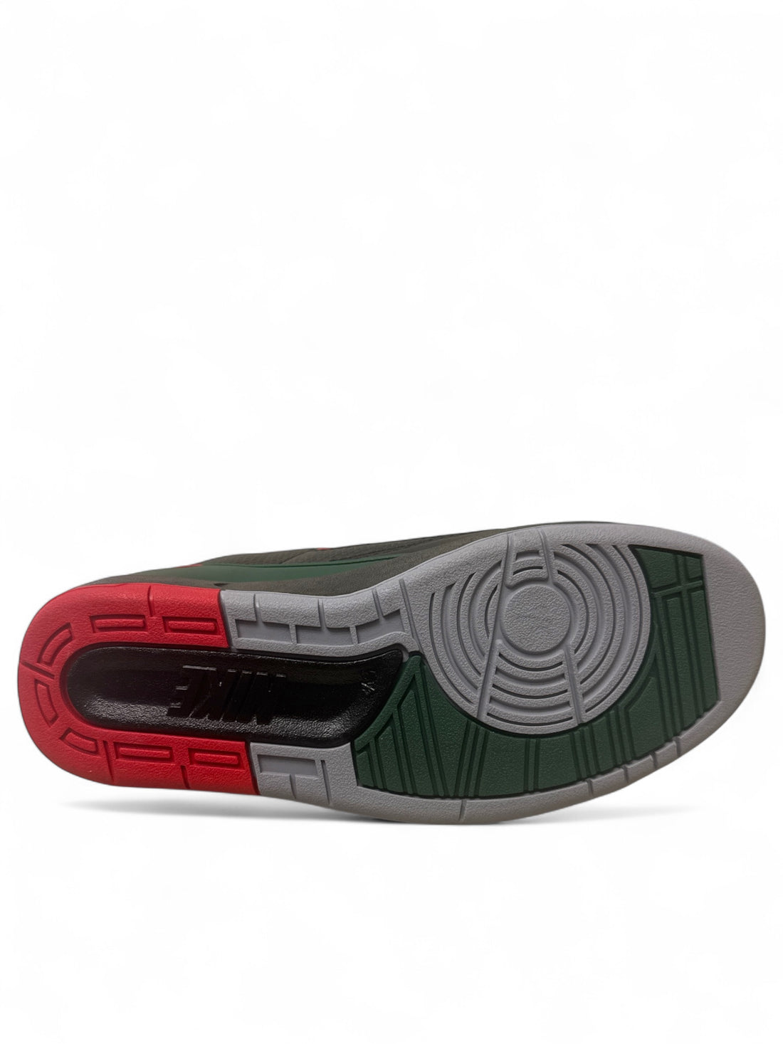 Bottom view of Jordan 2 Retro Low Christmas sneakers showing festive red and green color accents.