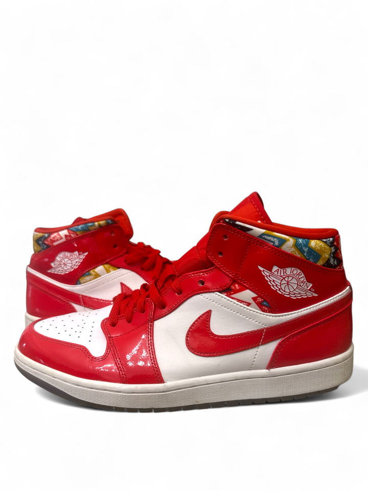 pre-owned Jordan 1 Mid Barcelona sneaker in red and white colorway with unique design details.