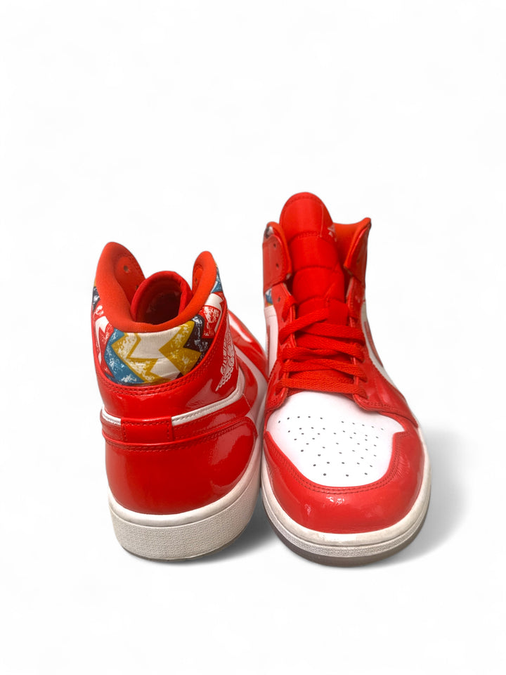 pre-owned Jordan 1 Mid Barcelona red style sneakers with unique detailing on the back.