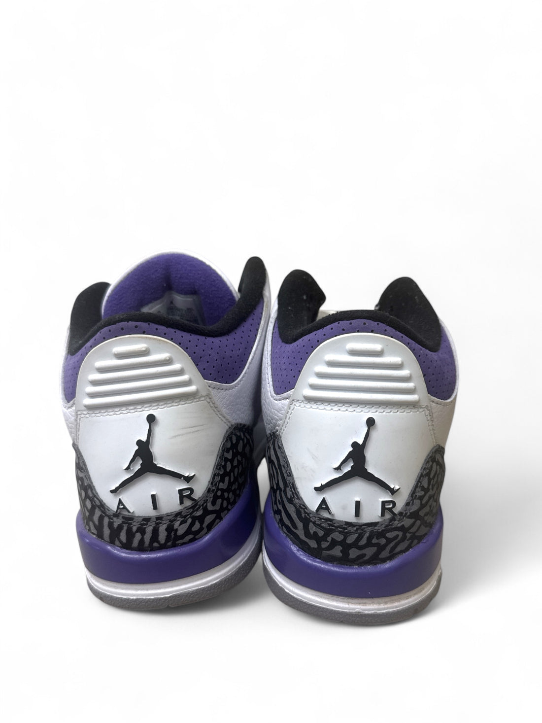 Back view of Jordan 3 Retro Dark Iris 6.5Y sneakers showcasing the iconic Air Jordan logo.