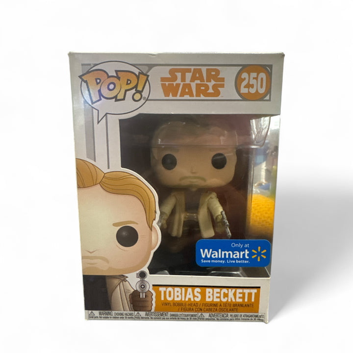 Tobias Beckett Funko Pop Walmart exclusive in collectible box, featuring character from Star Wars.
