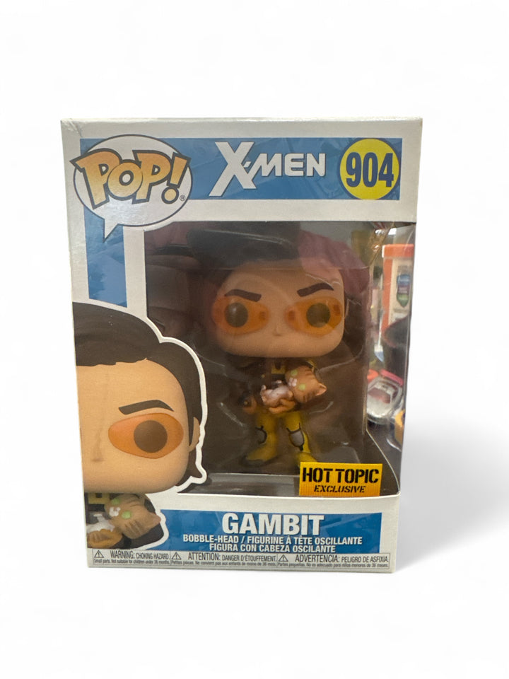Funko Pop Gambit exclusive collectible figure in box, X-Men design and Hot Topic exclusive edition.
