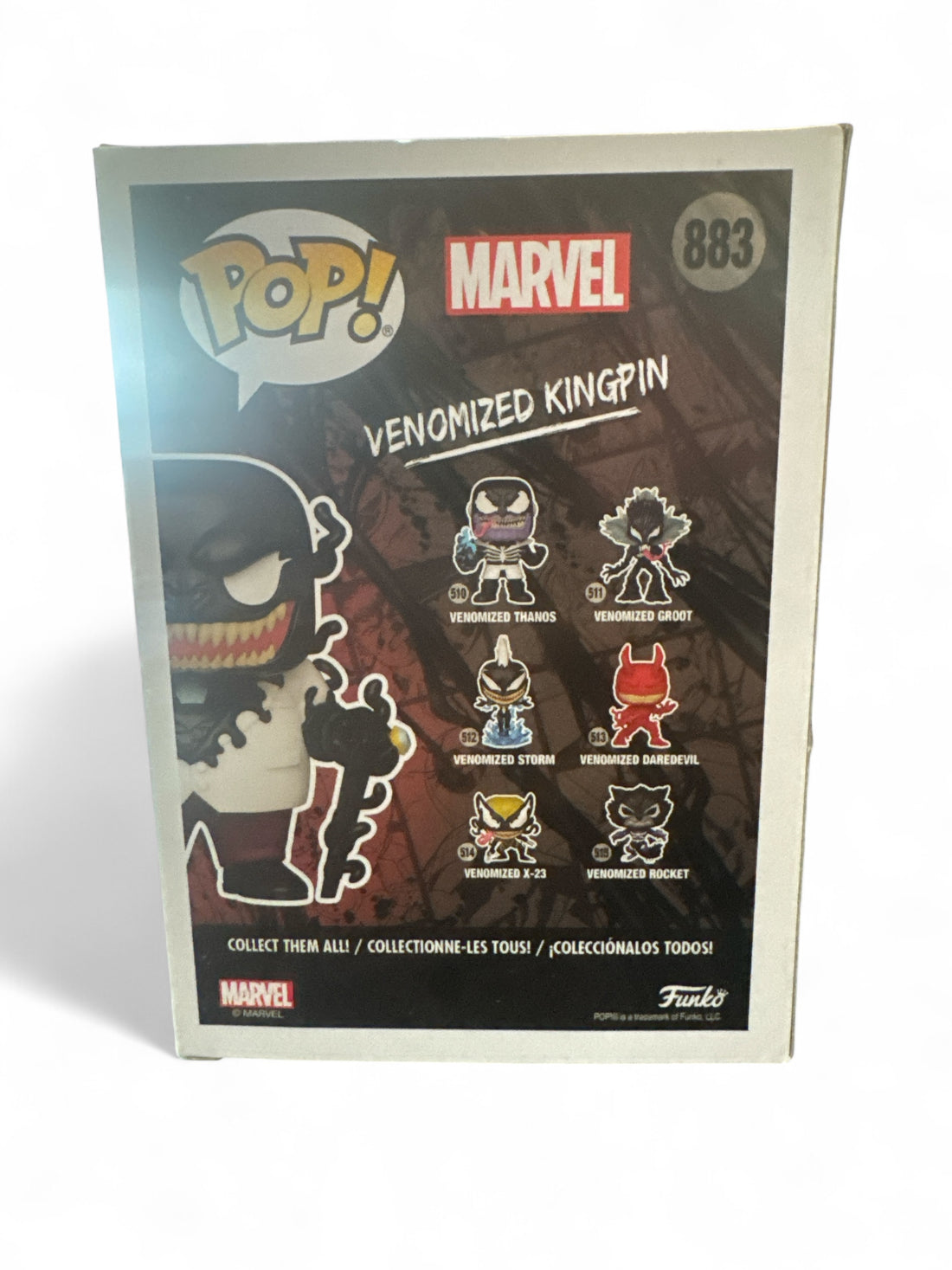 Venomized Kingpin Funko POP box showcasing Marvel character designs and collectibles.