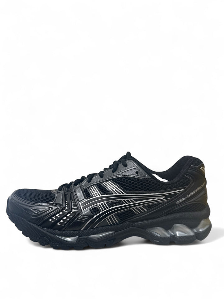 ASICS Gel-Kayano 14 Black Silver side view showing sleek design and cushioning features.
