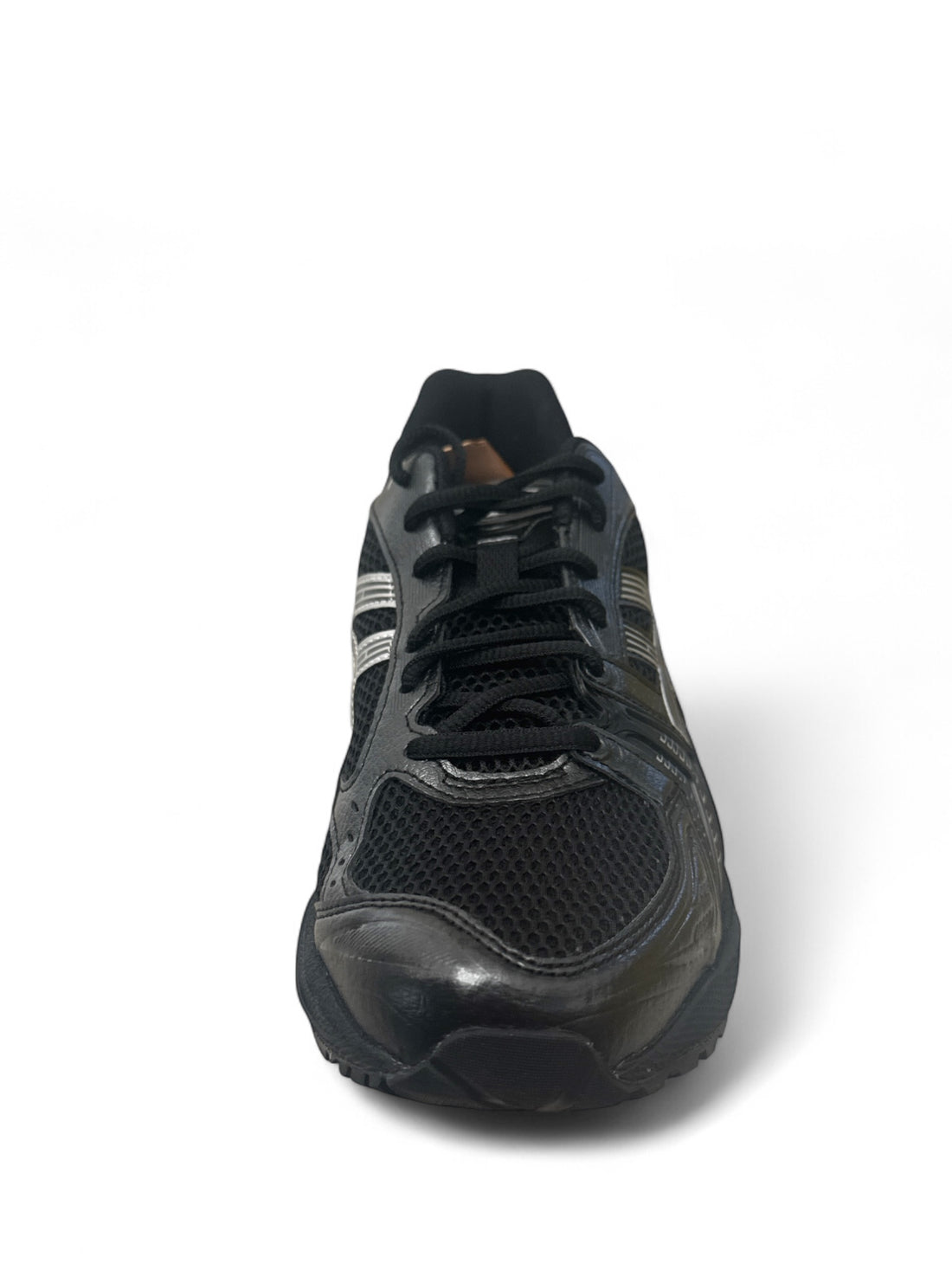 ASICS Gel-Kayano 14 Black Silver showing the front view of the stylish running shoe in black and silver.