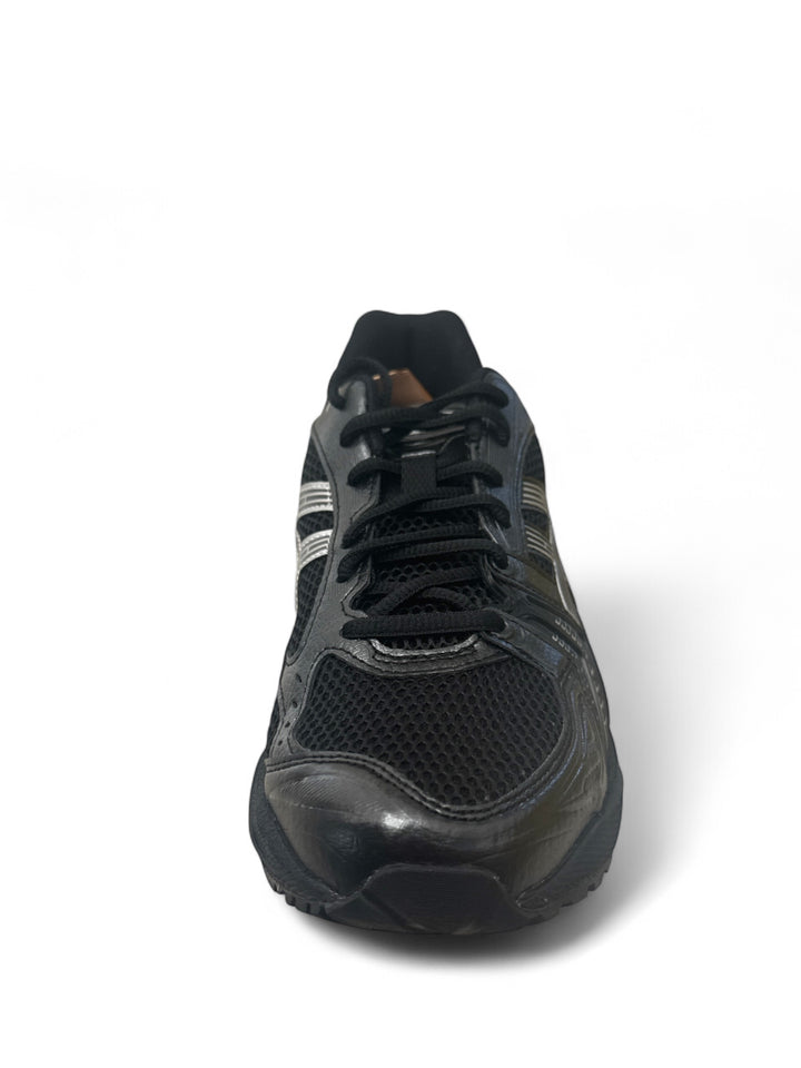 ASICS Gel-Kayano 14 Black Silver showing the front view of the stylish running shoe in black and silver.