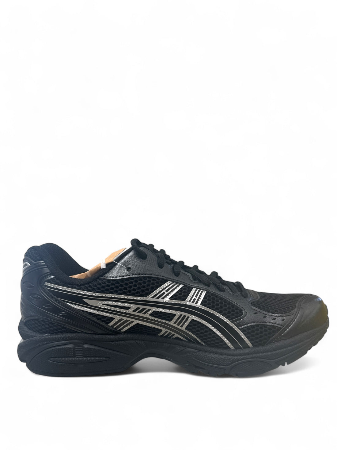 ASICS Gel-Kayano 14 Black Silver running shoes featuring a sleek black and silver design.