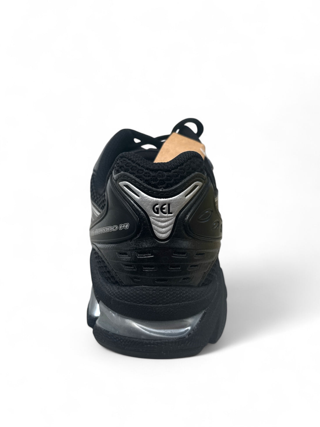 ASICS Gel-Kayano 14 Black Silver back view showing the gel cushioning and sleek design.