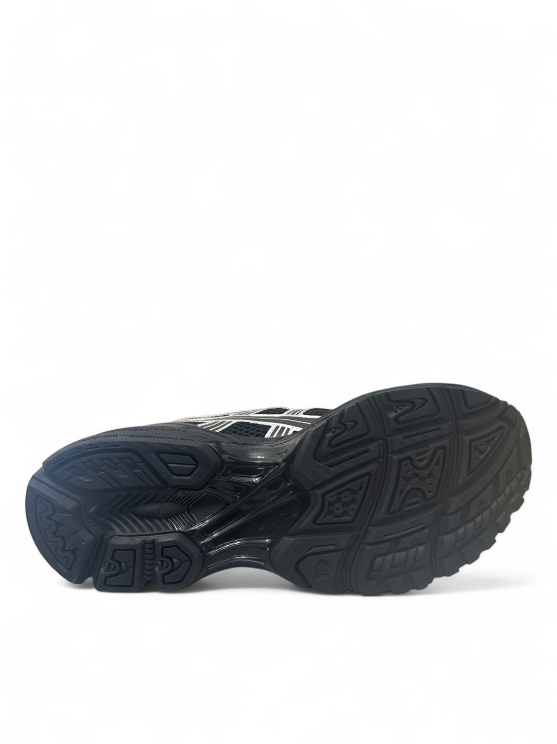 ASICS Gel-Kayano 14 Black Silver shoe sole view showcasing its unique tread design.