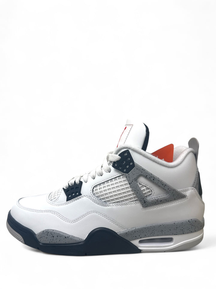 Jordan 4 Retro White Cement side view, showcasing white leather upper, grey cement details, and black trims.