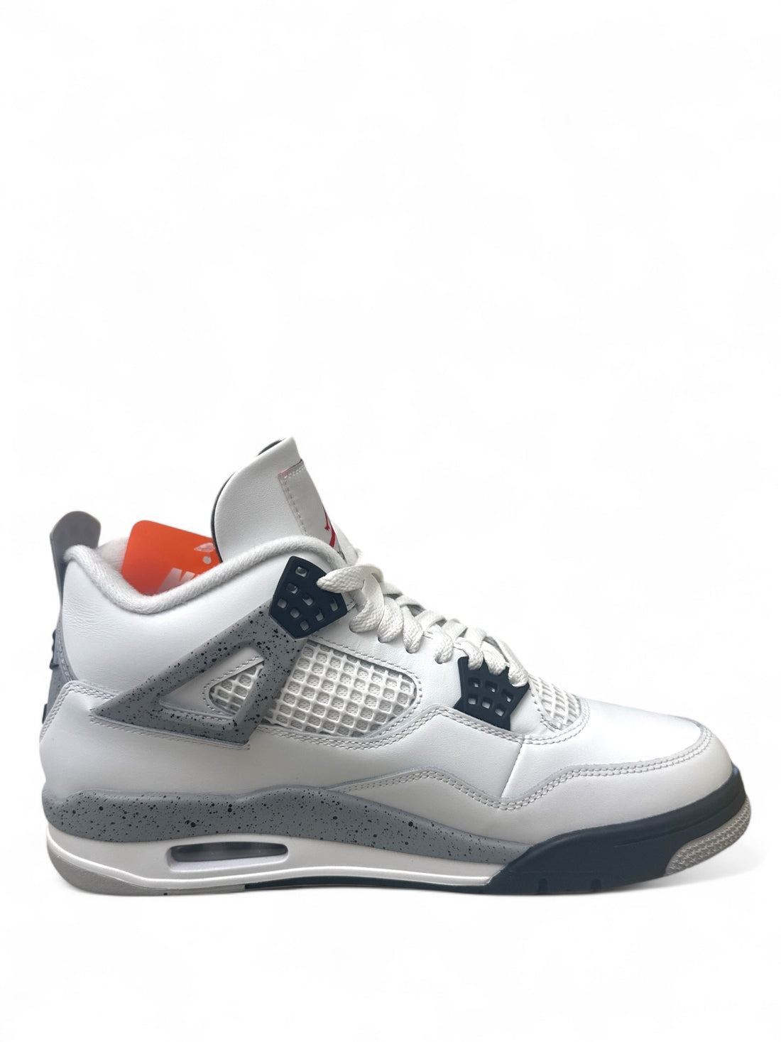 Jordan 4 Retro White Cement sneaker featuring white leather, grey cement accents, and bold black trims.