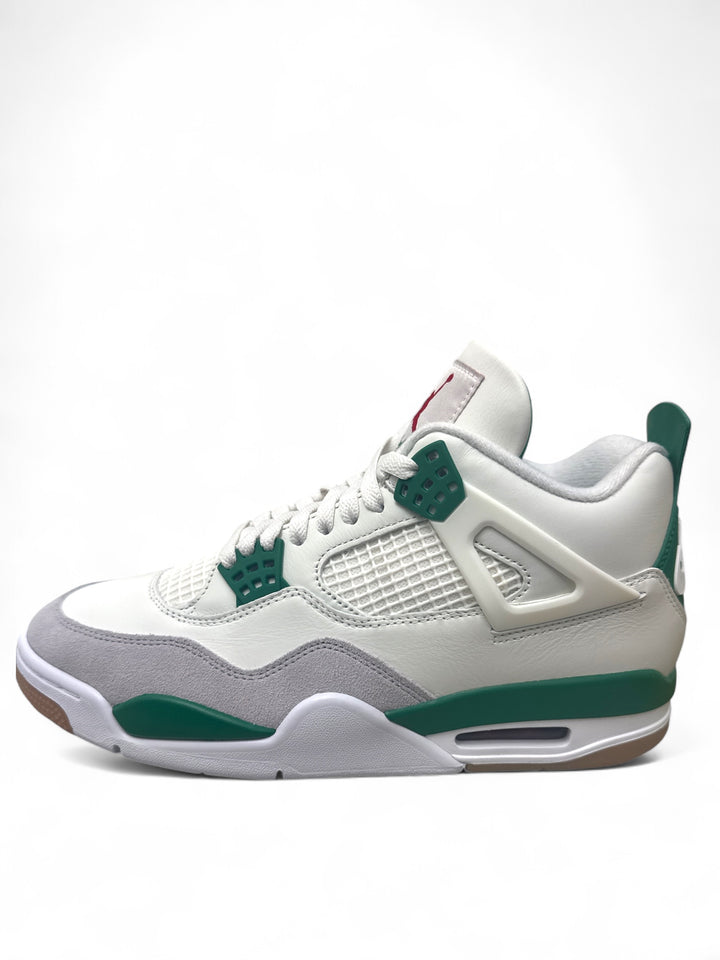 Jordan 4 Retro SB Pine Green side view showcasing white leather and Pine Green accents.