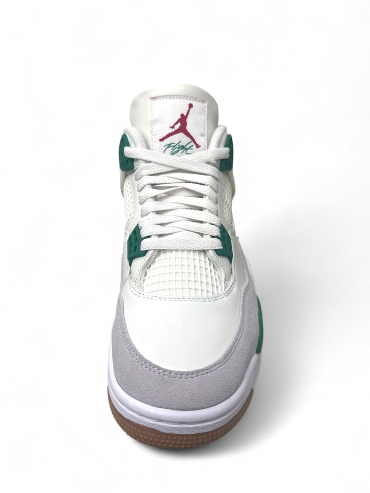 Jordan 4 Retro SB Pine Green sneaker top view with white leather upper and Pine Green accents.