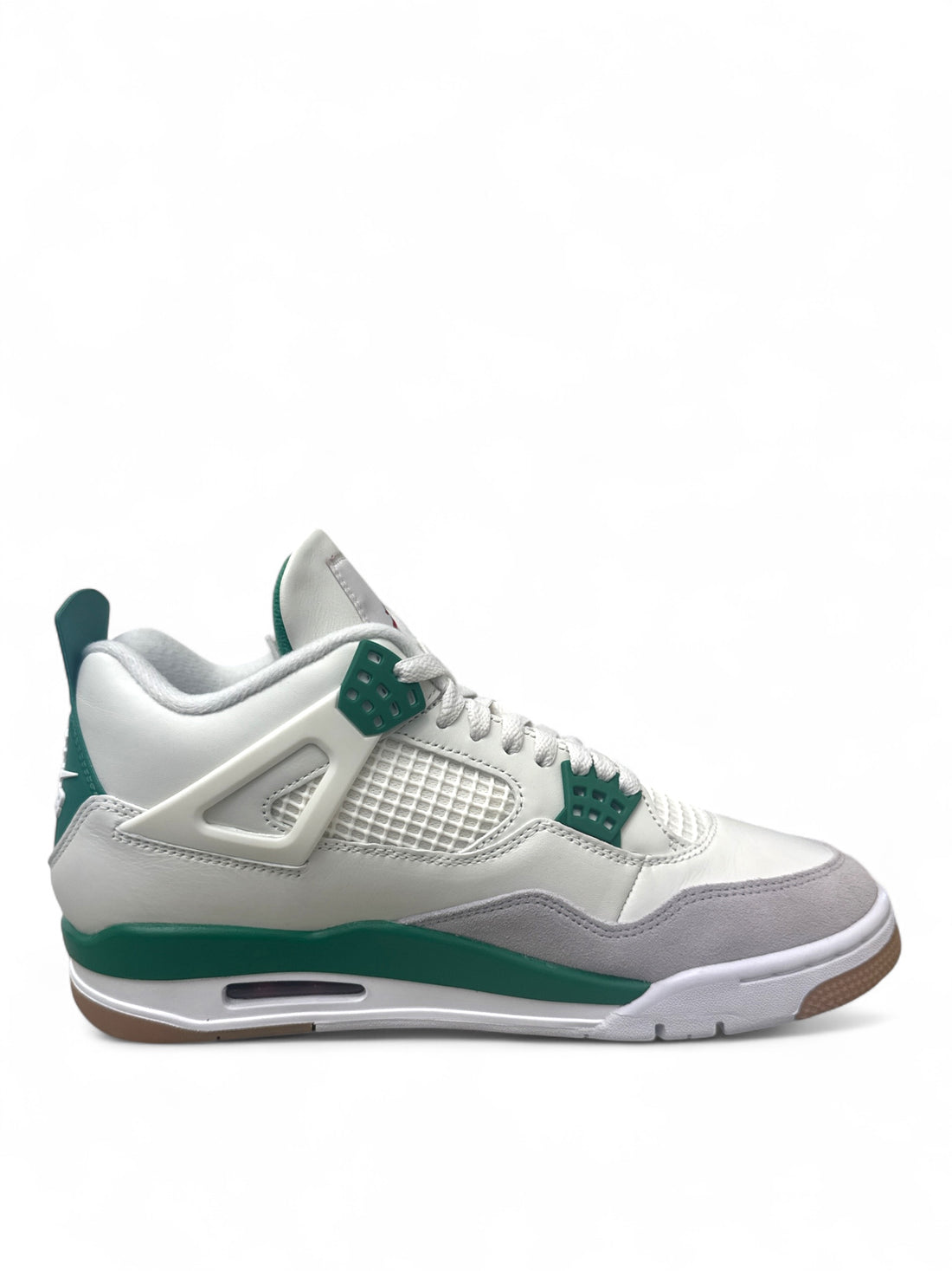 Jordan 4 Retro SB Pine Green sneaker showcasing white leather upper and Pine Green accents.
