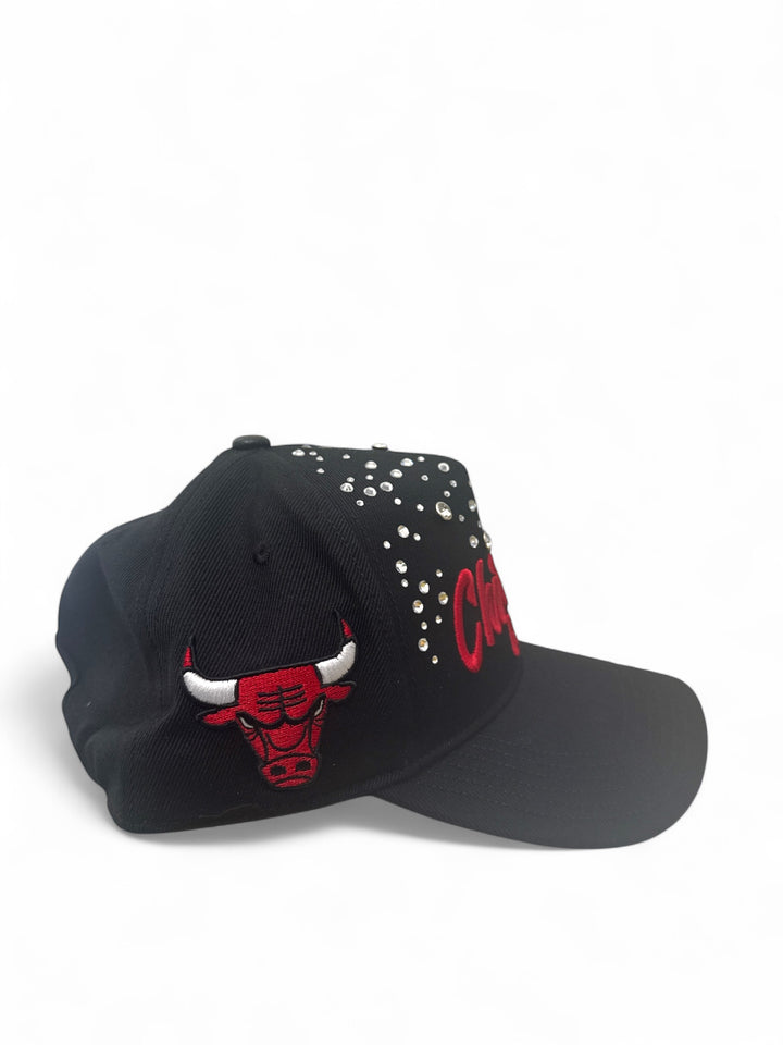 Chicago Bulls rhinestone snapback hat showcasing rhinestone details and team logo.