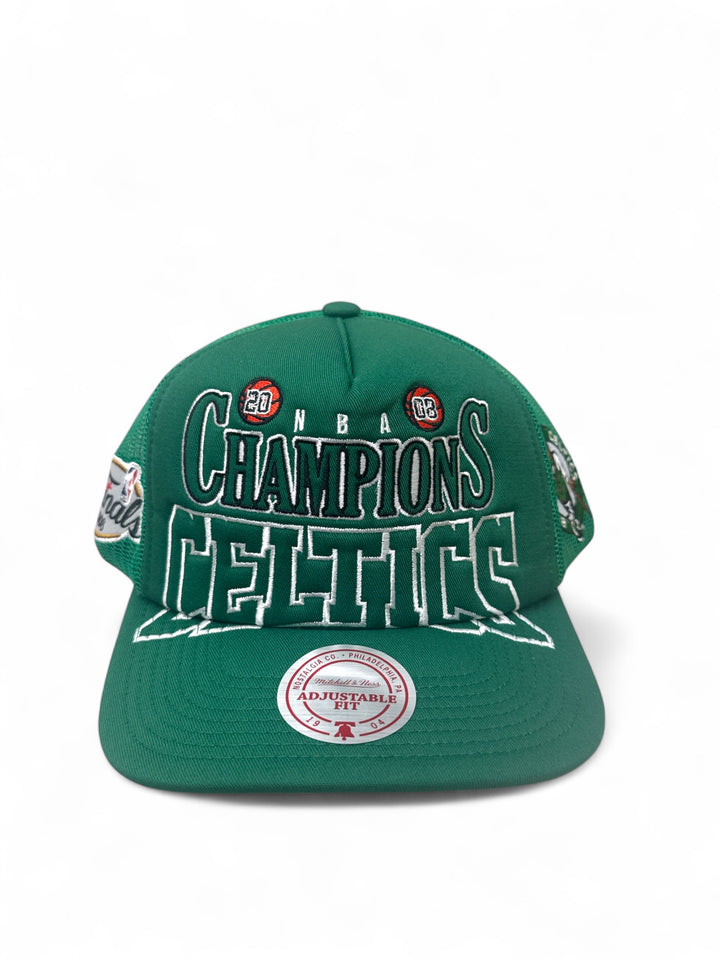 Boston Celtics 2008 championship snapback hat featuring 'Champions' and team logo in vibrant green.