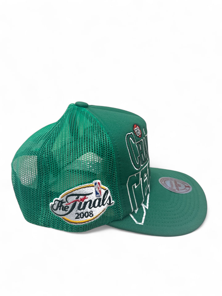 Boston Celtics 2008 championship snapback hat showcasing mesh design and championship details.