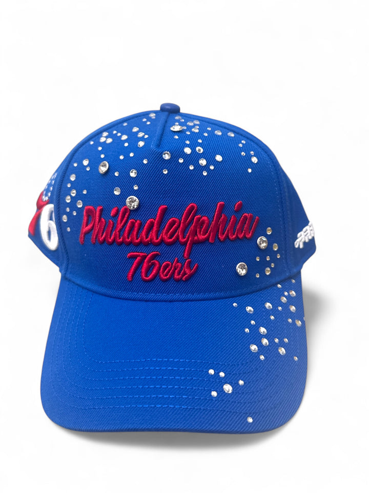 Philadelphia 76ers rhinestone snapback hat featuring blue fabric and sparkling rhinestones