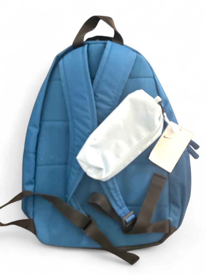 Nike kids backpack school bag in blue with a matching pencil case attached.