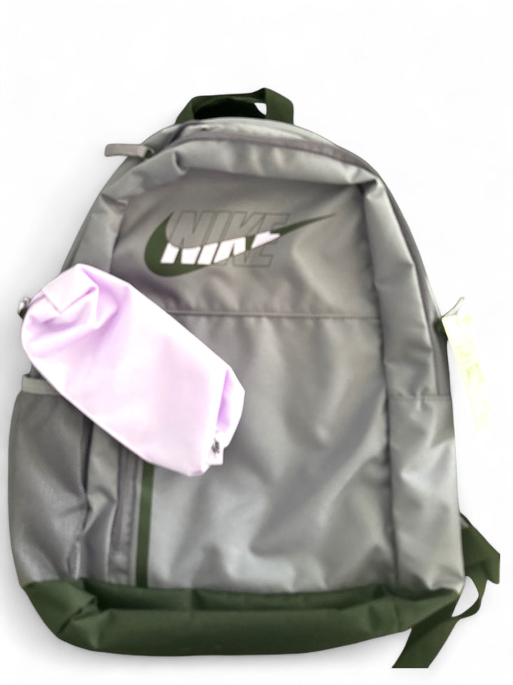Nike Elemental kids backpack in gray with green accents and a purple pouch.