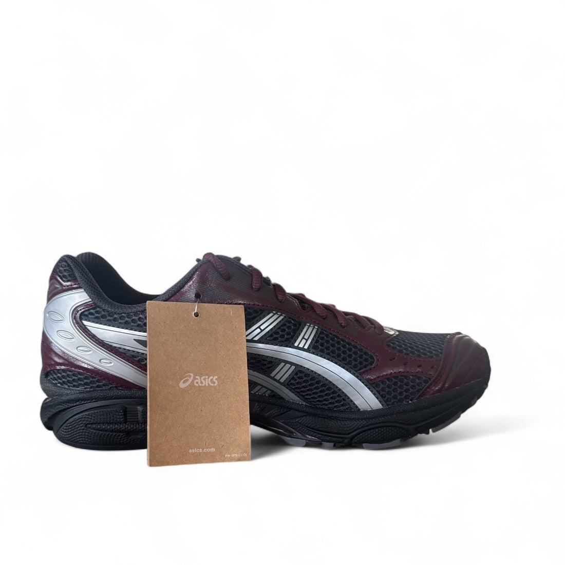 ASICS Gel-Kayano 14 running shoes in black and maroon with silver accents, perfect for running.